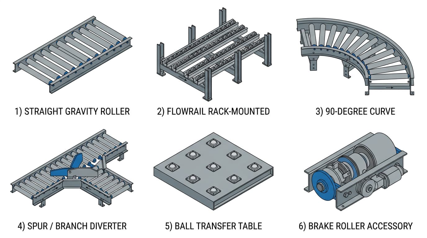 Conveyors de gravedad: aplicaciones industriales y cómo optimizar el flujo de materiales con omni metalcraft diagrama 6 módulos configuraciones conveyors gravedad Omni Metalcraft sistema modular