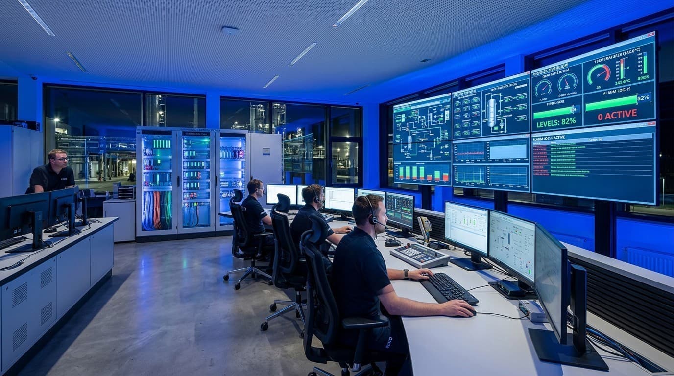 sistema de monitoreo industrial PLC y visualización en planta industrial