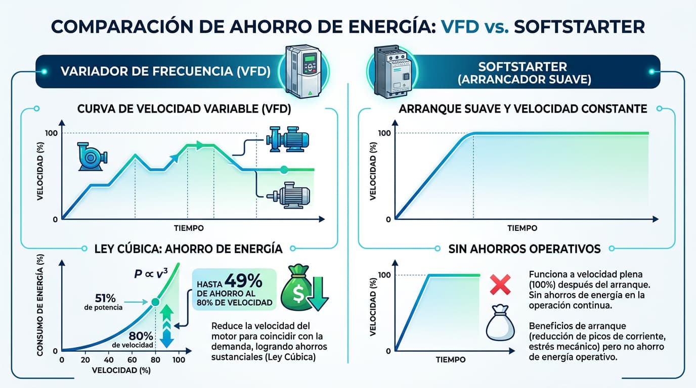 vfd vs softstarter eficiencia energetica ley del cubo bomba ventilador industrial ahorro