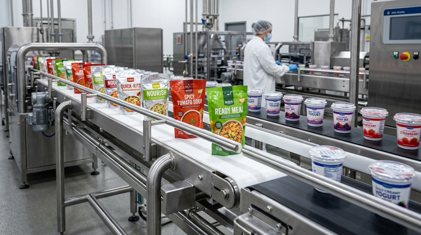 conveyor alimentos acumulación pouches flowpacks cups sellados línea producción higiene