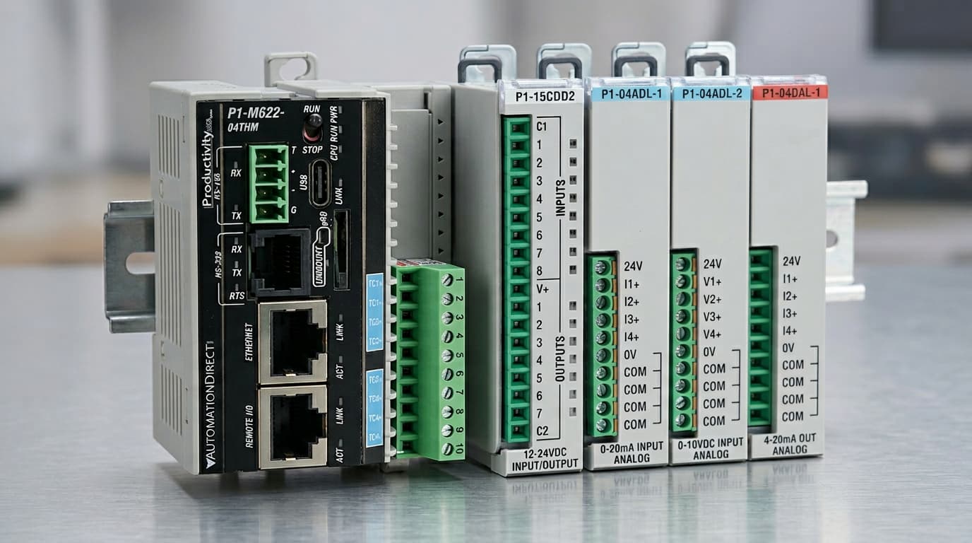 Todo lo que puede hacer un mini plc industrial en tu línea de producción Productivity1000 mini PLC modulos expansion stackable IO discreto analogico apilable panel