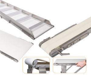 Conveyor sanitario bajo perfil: Dorner AquaGard LP para líneas de alimentos y farmacéutico AquaGard LP cola abatible tip-up tail limpieza banda conveyor sanitario acceso interior