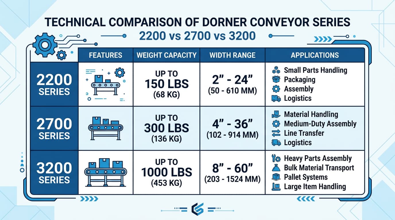 comparativo Dorner 2200 2700 3200 capacidad carga conveyor industrial sdi