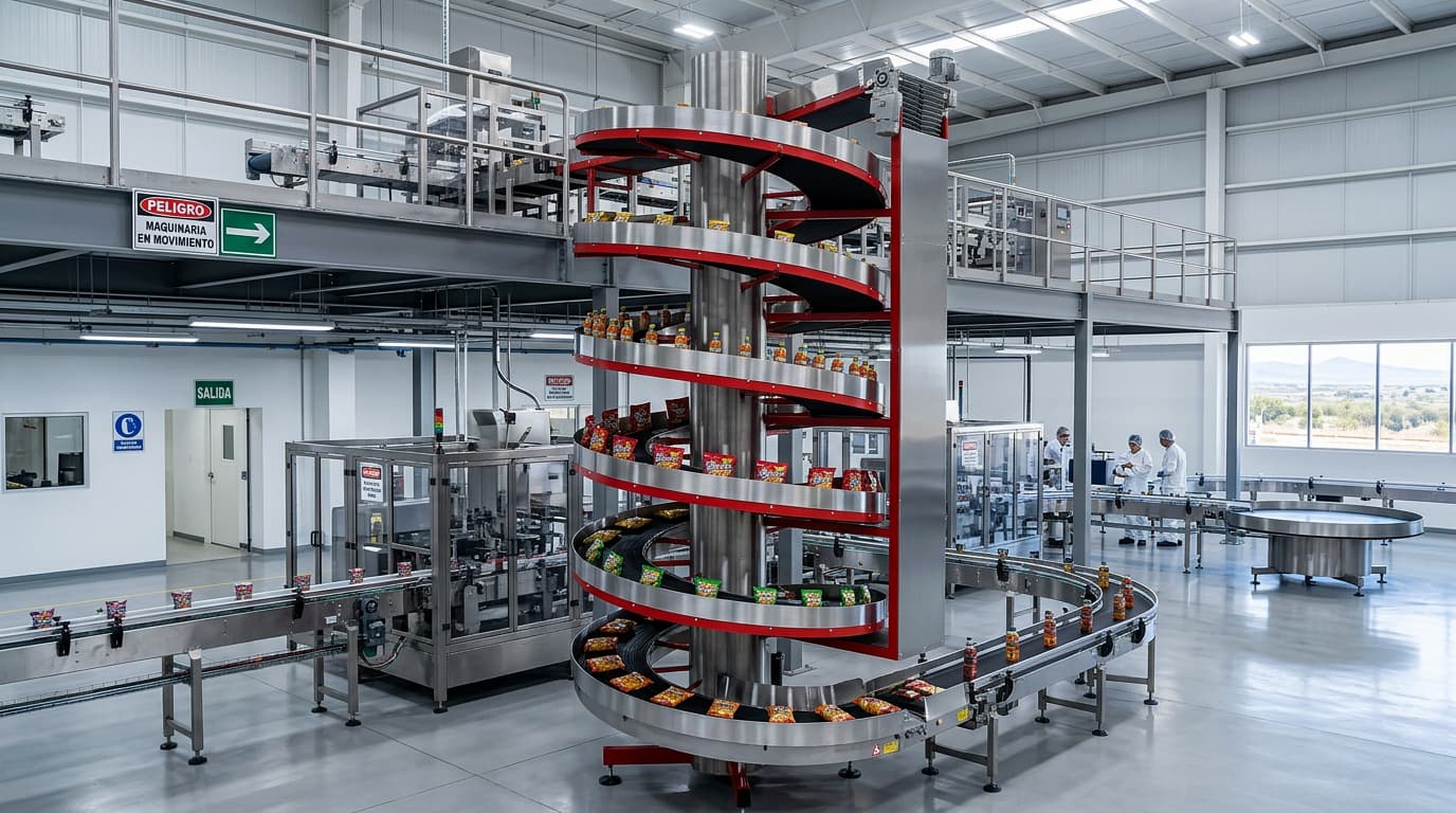 SpiralVeyor Ambaflex: el conveyor que sube, baja y conecta tu producción sin ocupar el piso SpiralVeyor Ambaflex instalacion planta empaque alimentos logistica Mexico conveyor espiral sdi