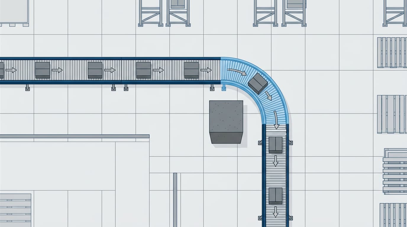 Conveyors de gravedad: aplicaciones industriales y cómo optimizar el flujo de materiales con omni metalcraft curva gravedad 90 grados conveyor layout almacén cambio dirección flujo materiales