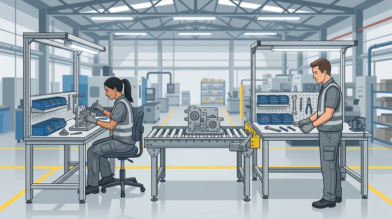Conveyors de gravedad: aplicaciones industriales y cómo optimizar el flujo de materiales con omni metalcraft línea ensamble manufactura conveyor gravedad operador estaciones trabajo flujo